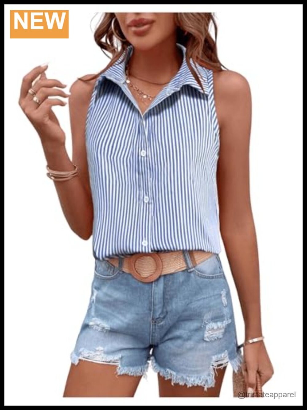 Striped Sleeveless Button Down Collared Blouse for Women - Dressy & Soft -